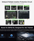 Six Channel ESP32S3 WiFi Relay Module With RS485 and Bluetooth, showing onboard isolation circuits and protection features.