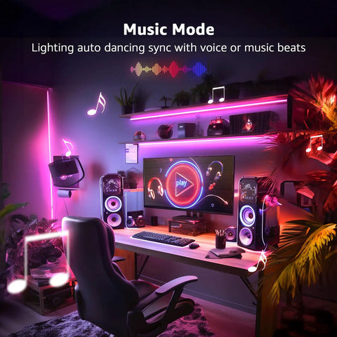 DreamColor 50ft LED Strip Lights With Remote, Rainbow Chasing Colors, Music Sync Mood Vibe in gaming room setup