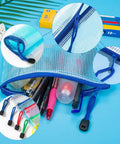 Slick Clear Plastic Zipper Document Bags Pack of Fifteen in Five Bright Shades With No Sweat Closure and Handy Wrist Loop for Receipts Checks Paperwork and All Your Gear with visible zippers and writing tools.