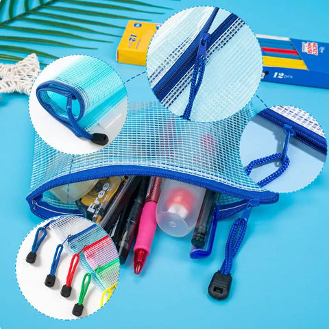 Slick Clear Plastic Zipper Document Bags Pack of Fifteen in Five Bright Shades With No Sweat Closure and Handy Wrist Loop for Receipts Checks Paperwork and All Your Gear with visible zippers and writing tools.