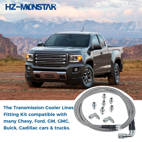 6AN 52 Inch Transmission Fluid Oil Cooler Hose Kit With Stainless Braided PTFE Lines For AN6 Fittings Works With Turbo 350, Turbo 400, 4L60E, 4L80E, 4L65E, 200R4, 700R4, Ford C4 C6 AOD Transmissions, shown with fittings and hose
