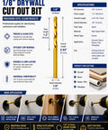 Slick One Eighth Inch Titanium HSS Drywall Cut Out Rotary Bits with Sharp Sabre Points for clean drilling in drywall, wood, and plastic.