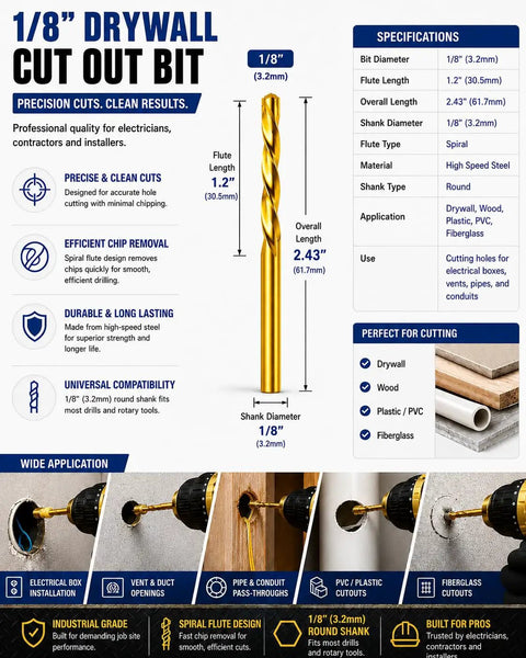 Slick One Eighth Inch Titanium HSS Drywall Cut Out Rotary Bits with Sharp Sabre Points for clean drilling in drywall, wood, and plastic.