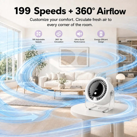 Chill Portable Desk Fan With 199 Speed Settings for personal cooling at home in living room with 360-degree airflow