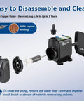 Disassembled view of Killer 800 GPH Submersible Water Pump with Adjustable Flow Ultra Quiet Fountain Pump showing cleaning steps