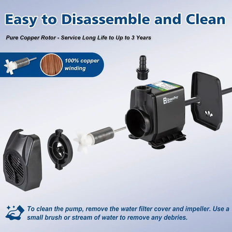 Disassembled view of Killer 800 GPH Submersible Water Pump with Adjustable Flow Ultra Quiet Fountain Pump showing cleaning steps