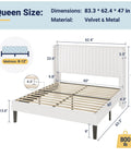 Dimensions and material details of the White Queen Velvet Bed Frame With Upholstered Wingback Headboard And Vertical Tufted Design Built On Heavy Duty Metal Base With Wooden Slats For Quick No Box Spring Bedroom Setup That Brings Major Style And Hits Different.