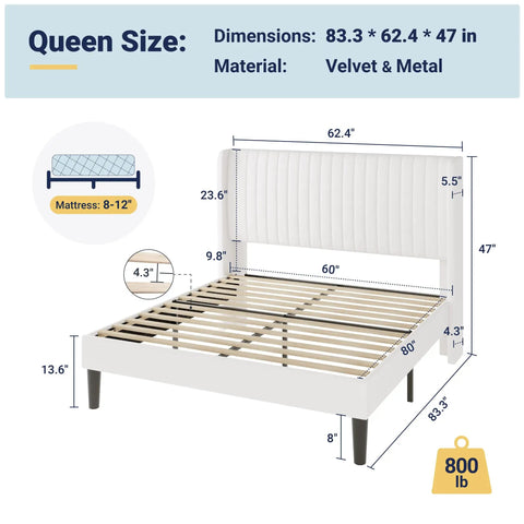 Dimensions and material details of the White Queen Velvet Bed Frame With Upholstered Wingback Headboard And Vertical Tufted Design Built On Heavy Duty Metal Base With Wooden Slats For Quick No Box Spring Bedroom Setup That Brings Major Style And Hits Different.