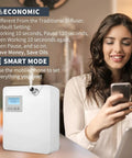 Smart Cold Air Scent Diffuser For Home With Dry Mist Technology To Vaporize Essential Oils Fast Without Water Or Heat And Straight Up Smooth 300 Ml Capacity White Aromatherapy Fragrance Machine in use with a woman.