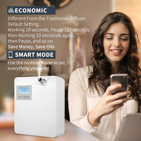 Smart Cold Air Scent Diffuser For Home With Dry Mist Technology To Vaporize Essential Oils Fast Without Water Or Heat And Straight Up Smooth 300 Ml Capacity White Aromatherapy Fragrance Machine in use with a woman.