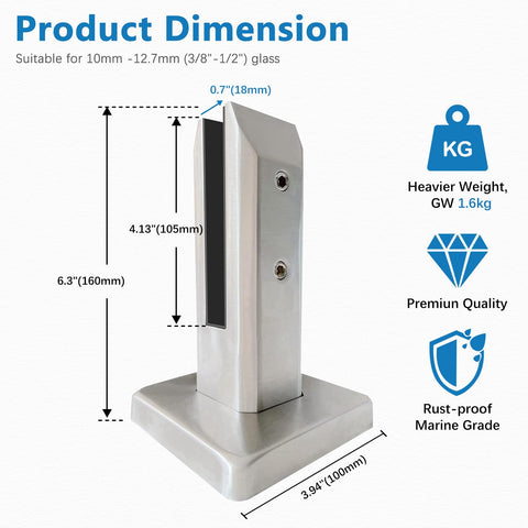 Heavy Duty 2205 Stainless Steel Glass Pool Fence Spigots 4 Pack Marine Grade Balustrade Railing Post Clamps For Balcony Garden And Deck Handrails Brushed Finish NW 2.6lb Each Level 3 Certified shown with dimensions and weight details.