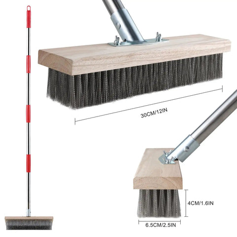 Heavy Duty Wire Scrub Brush With Telescopic Handle 57-Inch for outdoor use, featuring metal bristles and wood headstock.