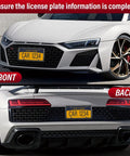 Universal Carbon Fiber License Plate Frame For Us Cars Tag Holder Cover With Screw Caps Four Bolt Mount Lightweight Rust Proof Auto Accessory Straight Fire Trim displayed on a white sports car from front and back views.