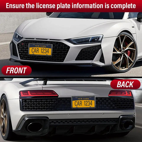 Universal Carbon Fiber License Plate Frame For Us Cars Tag Holder Cover With Screw Caps Four Bolt Mount Lightweight Rust Proof Auto Accessory Straight Fire Trim displayed on a white sports car from front and back views.