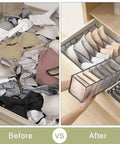 Before and after using Jeans Organizer For Closet Extra Large 7 Grid Wardrobe Storage Box for bras and underwear organization.