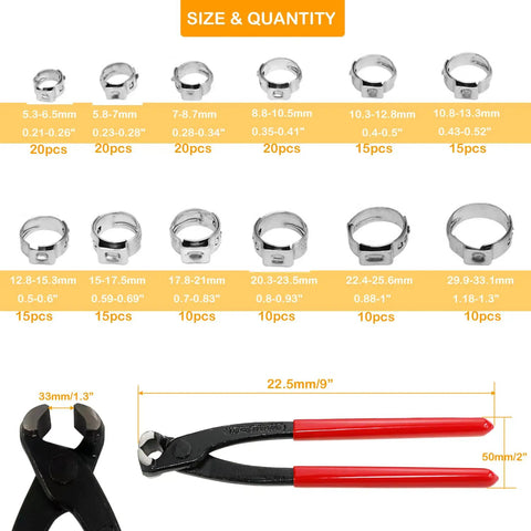 180 Piece Single Ear Hose Clamp Kit With Pincer, 12 Size Crimp Clamps 6.5mm To 33.1mm, 304 Stainless Steel Ear Clamps For Plumbing Auto And DIY Projects