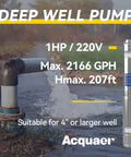 1 HP 220V Deep Well Submersible Water Pump For Irrigation And Home Use, 36 GPM At 207 Ft Head, Stainless Steel 4 Inch Well Pump