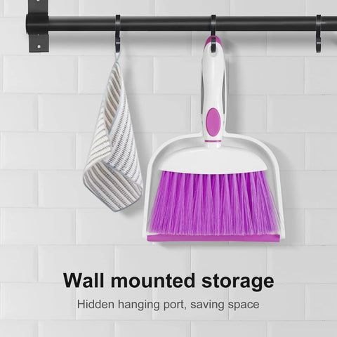 Mini Dust Pan And Brush Set With Teeth For Tight Spaces Flat Broom For Keyboards Desks Sofas Drawers And Cars, Purple hanging on wall