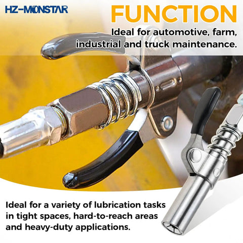 Close-up of Grease Gun Accessory Kit With 90 Degree Coupler for tight spots and hard to reach fittings, shown installed.