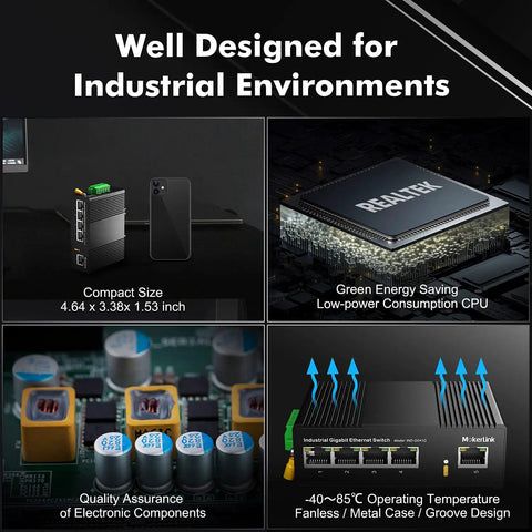 Hardcore Five Port Gigabit Ethernet Switch Built Like A Tank For Gritty Workshop Jobs featuring compact size and low-power CPU.