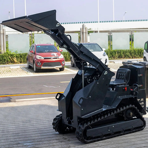 Versatile Mini Crawler Skid Steer Loader With Hydraulic Cylinder raised in parking area