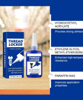 Blue Thread Locker For Nuts And Bolts, Medium To High Strength bottle and packaging with adhesive properties highlighted.