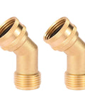 45 Degree Garden Hose Elbow Gooseneck Brass Connector 3/4 Inch GHT To 3/4 Inch No Fuss Stress Relief For RV Water Hoses Heavy Duty Solid Brass Includes Washers 2 Pack For Pressure Washers And Campers, two brass elbows