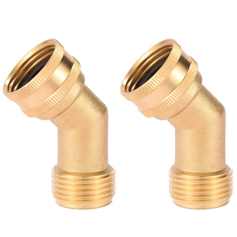 45 Degree Garden Hose Elbow Gooseneck Brass Connector 3/4 Inch GHT To 3/4 Inch No Fuss Stress Relief For RV Water Hoses Heavy Duty Solid Brass Includes Washers 2 Pack For Pressure Washers And Campers, two brass elbows