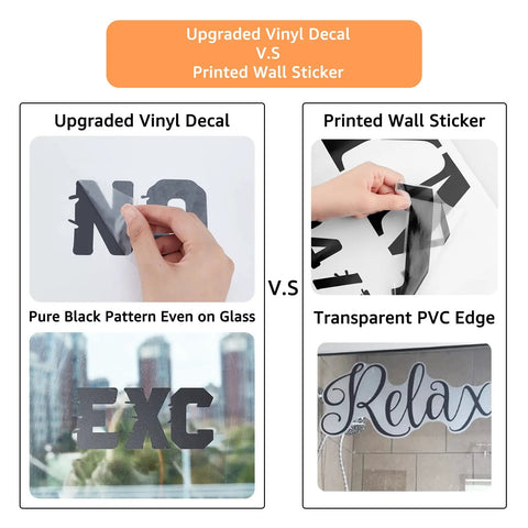 Upgraded vinyl decal vs printed wall sticker comparison, featuring clear black patterns on glass and PVC edges.