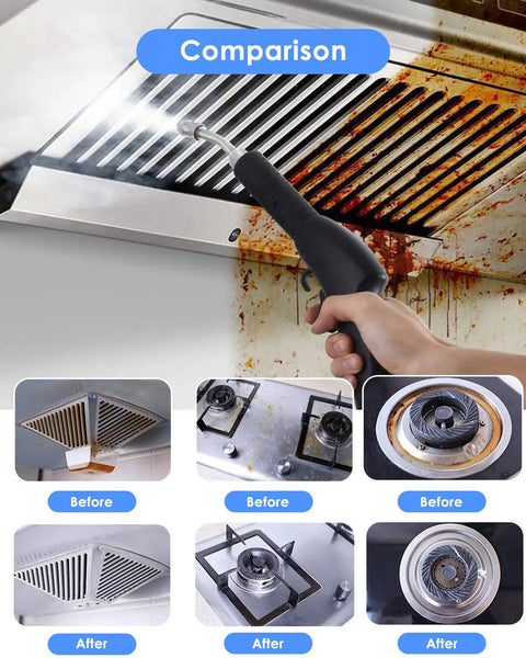 Comparison of kitchen surfaces cleaned with No Sweat High Pressure Steam Cleaner 1700W revealing drastic results on grime.