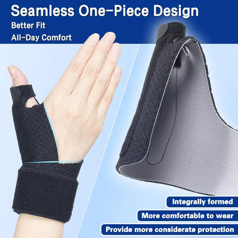 Side and front view of black Reversible Thumb And Wrist Stabilizer Splint For Pain Relief And Carpal Tunnel Breathable All Day Comfort