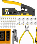 Pro Grade RJ45 Crimp Tool Kit With Pass Through Connectors For Cat7 Cat6a Cat6 Cat5e Cat5 Includes 10 Cat7 Shielded Connectors