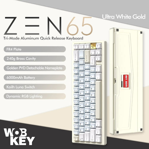 65 Percent Wireless Mechanical Keyboard Features Hotswap Switches Tri Mode Bluetooth And Usb Wiring Cnc Aluminum Body With Damped Acoustics Full Rgb Lighting Programmable Macros For Mac Windows Computers Making A Sick Daily Setup That Glides Buttery - Ultra White Gold design with Kailh Luna switches.