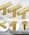 Gold knurled cabinet pulls displayed on white surface, featuring anti-corrosion, water-resistant design, tight connection detail.