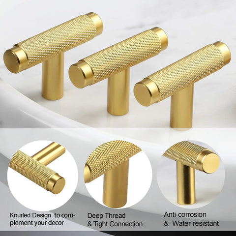 Three knurled brass cabinet pull handles displayed on a counter with close-up views of the texture and features.