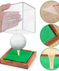 Clear Acrylic Golf Ball Display Case With Wood Base And Tee Holder UV Protected Square Cube Ball Storage Box For Collectors Easy Open Top No Assembly Needed Keeps Your Golf Balls Dust Free Show Off Ready showing separate components including acrylic cover, wood base, and tee holder.
