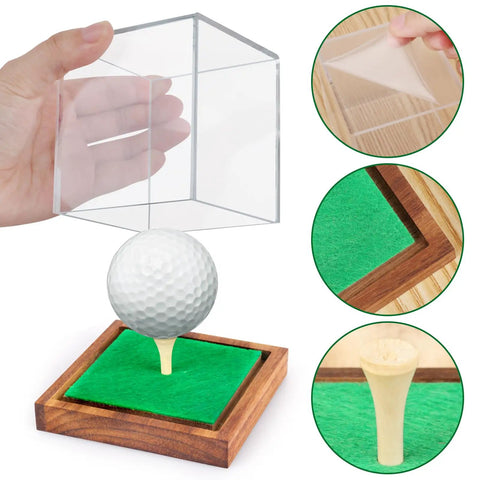 Clear Acrylic Golf Ball Display Case With Wood Base And Tee Holder UV Protected Square Cube Ball Storage Box For Collectors Easy Open Top No Assembly Needed Keeps Your Golf Balls Dust Free Show Off Ready showing separate components including acrylic cover, wood base, and tee holder.