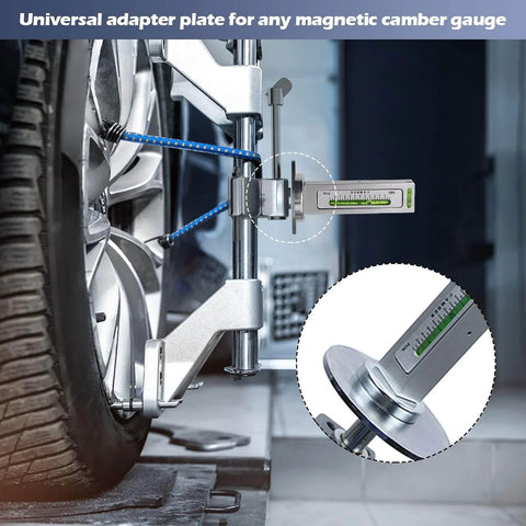Beefy Wheel Alignment Clamp Tool With Magnetic Adapter For 12 To 25 Inch Rims Universal Clamp For Camber And Caster Gauges Heavy-Duty Automotive Alignment Kit For Quick Accurate Wheel Setup installed with magnetic camber gauge on vehicle rim