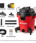 Heavy Duty 12 Gal Wet Dry Shop Vac With Beastly 5.5 Peak HP Motor And Nine Must Have Cleaning Attachments For Cranking Nasty Garage Jobs And Spills Features Classic Red Plastic Design showing filters and accessories.