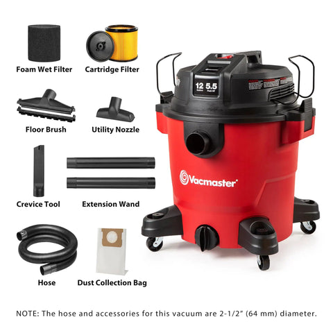 Heavy Duty 12 Gal Wet Dry Shop Vac With Beastly 5.5 Peak HP Motor And Nine Must Have Cleaning Attachments For Cranking Nasty Garage Jobs And Spills Features Classic Red Plastic Design showing filters and accessories.