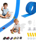 Flexible 16Ft Race Track Set With Roll Up Storage And Six Diecast Cars for 1:64 scale play, kids playing with track and cars
