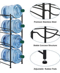 Heavy Duty 4 Tier 5 Gallon Water Jug Holder Rack with Detachable Bottle Organizer Shelf showing premium steel and structure.