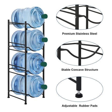 Heavy Duty 4 Tier 5 Gallon Water Jug Holder Rack with Detachable Bottle Organizer Shelf showing premium steel and structure.