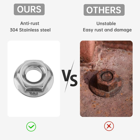 Comparison of our 304 stainless steel M6 flange nut with rust-resistant features vs a rusted unstable flange nut