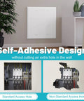 Breezy Peel And Stick Self Adhesive Access Panel 12X12 Plastic Wall Hole Cover mounted on wall with visible access to plumbing and electrical.