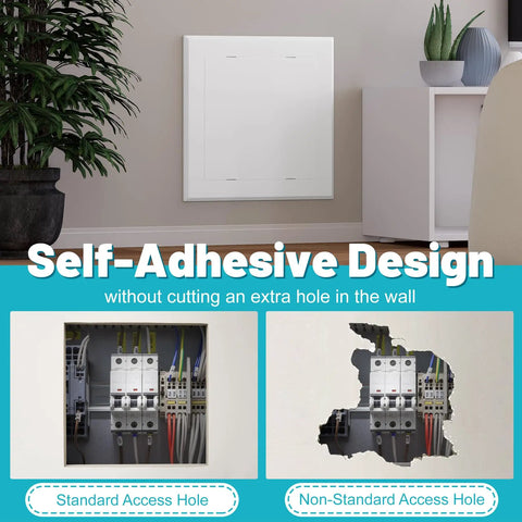 Breezy Peel And Stick Self Adhesive Access Panel 12X12 Plastic Wall Hole Cover mounted on wall with visible access to plumbing and electrical.