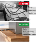 Before and after comparison of messy and organized desk cables using 80 Piece Set Hook And Loop Cable Straps For Desk Cable Management.