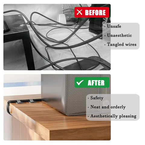 Before and after comparison of messy and organized desk cables using 80 Piece Set Hook And Loop Cable Straps For Desk Cable Management.