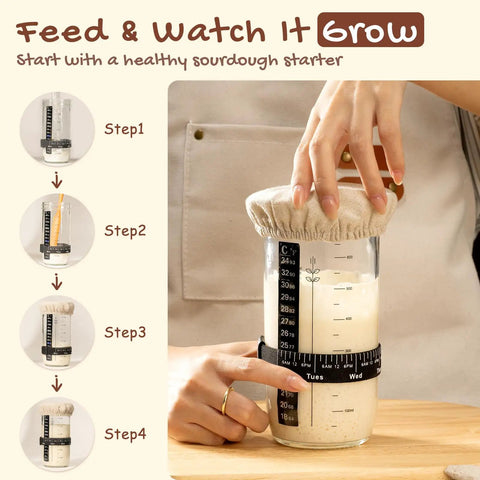 All In One Sourdough Starter Kit With Round And Oval Banneton Baskets showing starter jar with guide markings and cloth cover.