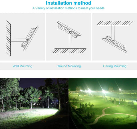 Installation methods for Mega Bright 300W LED Flood Light 36000 Lumens 1600W Equivalent IP66 Waterproof with Plug in garden and golf course.